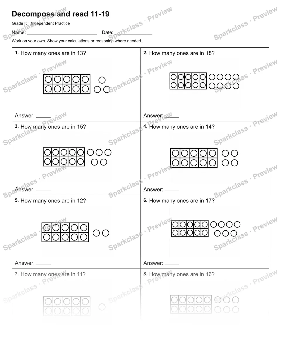 Decompose and read 11-19 — Independent Practice — Kindergarten worksheet preview