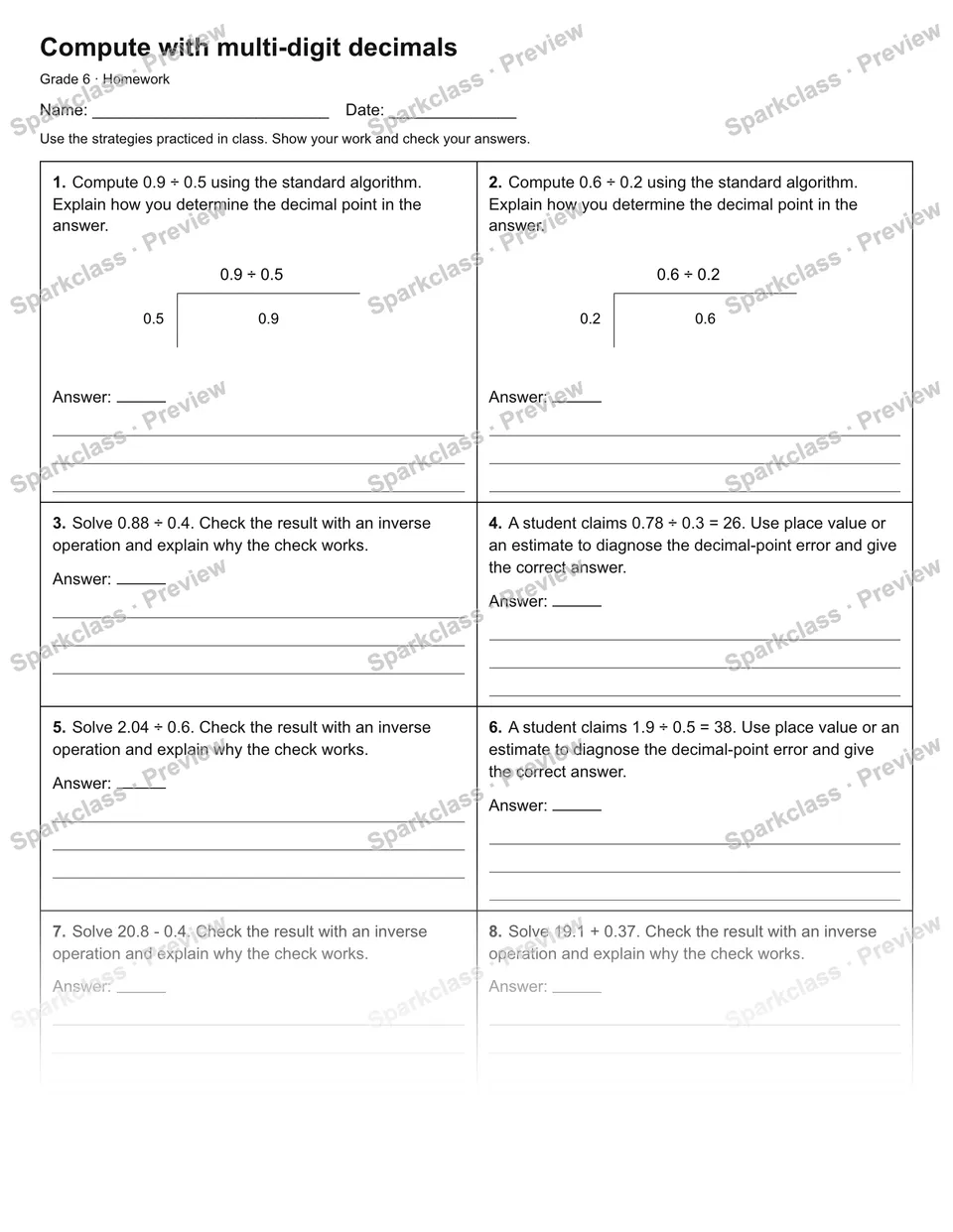 Compute with multi-digit decimals — Homework — Grade 6 worksheet preview