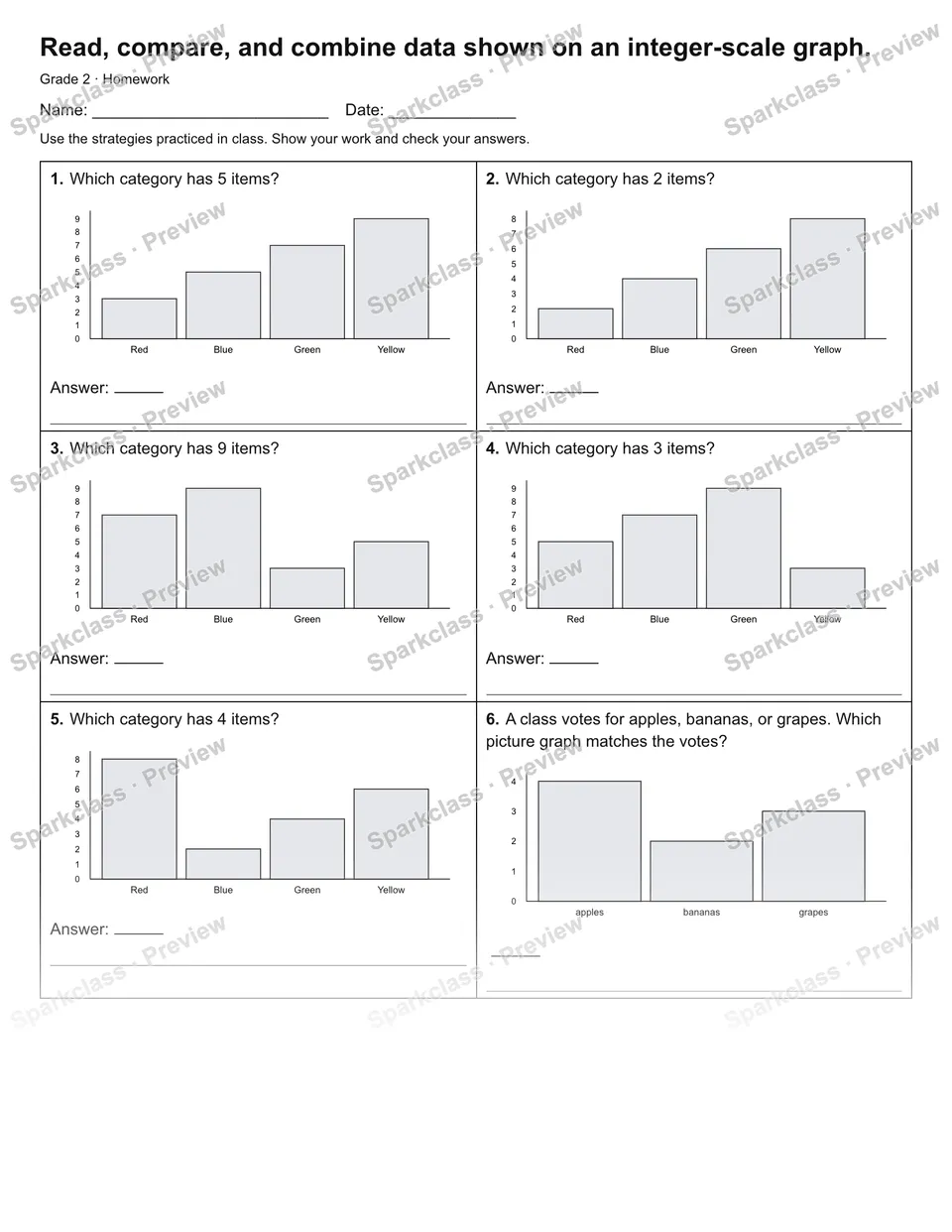 Read, compare, and combine data shown on an integer-scale graph. — Homework — Grade 2 worksheet preview