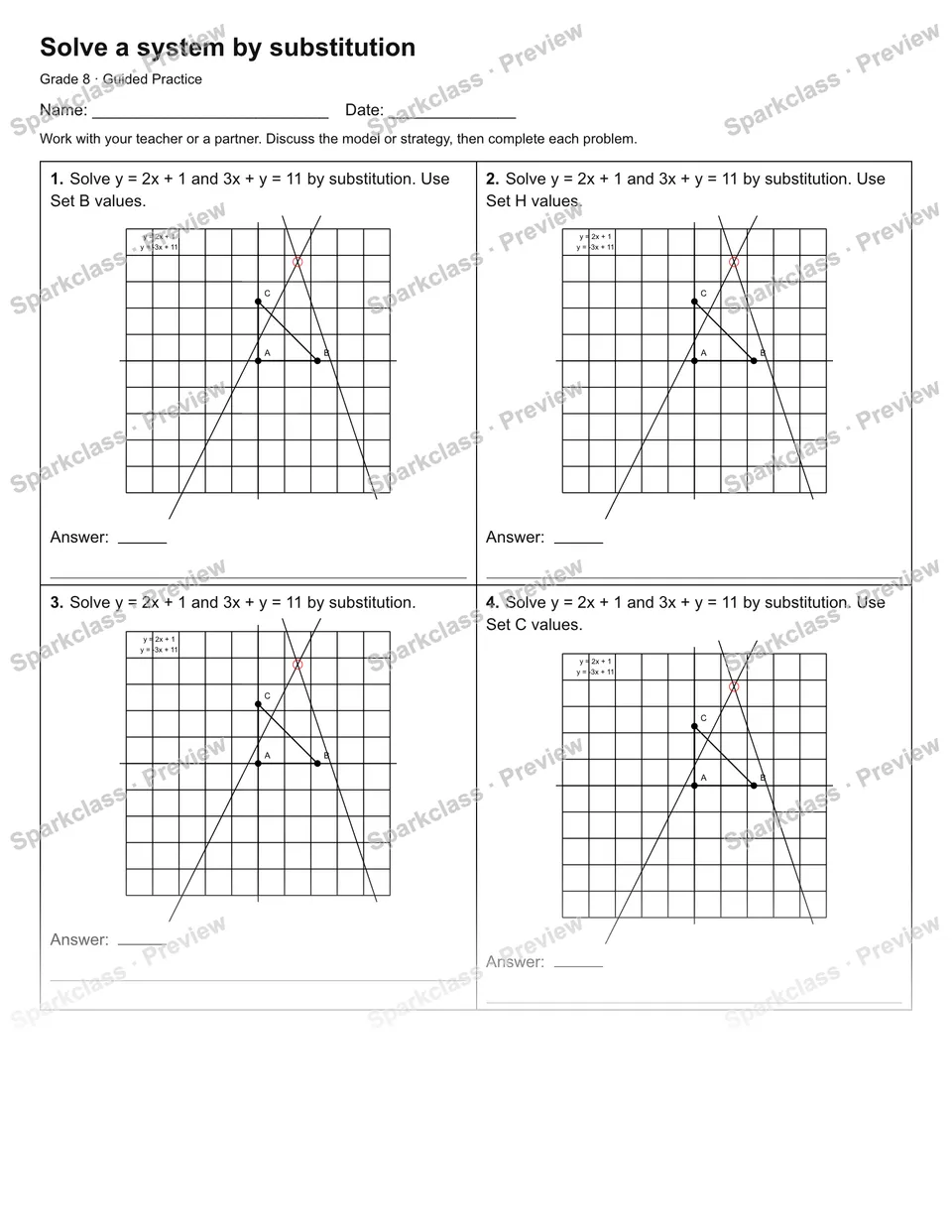 Solve a system by substitution — Guided Practice — Grade 8 worksheet preview