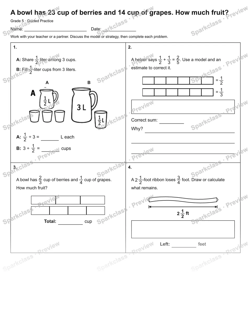 A bowl has 23 cup of berries and 14 cup of grapes. How much fruit? — Guided Practice — Grade 5 worksheet preview