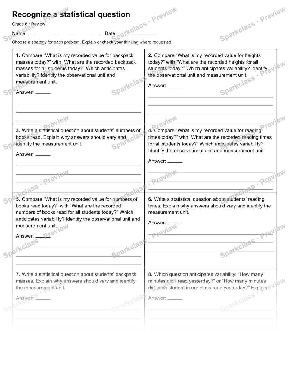 Recognize a statistical question — Review — Grade 6 worksheet preview
