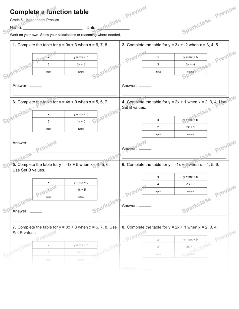 Complete a function table — Independent Practice — Grade 8 worksheet preview