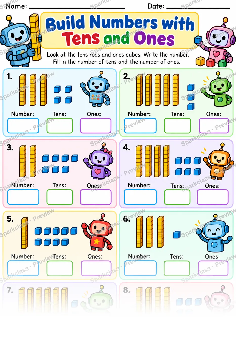 Build Numbers Tens Ones Robots — Grade 1 worksheet preview
