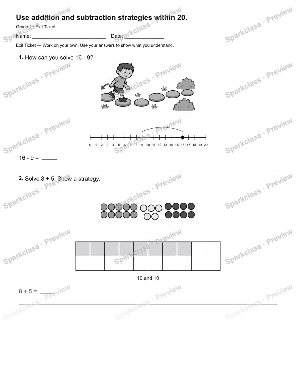 Use addition and subtraction strategies within 20. — Exit Ticket — page 2