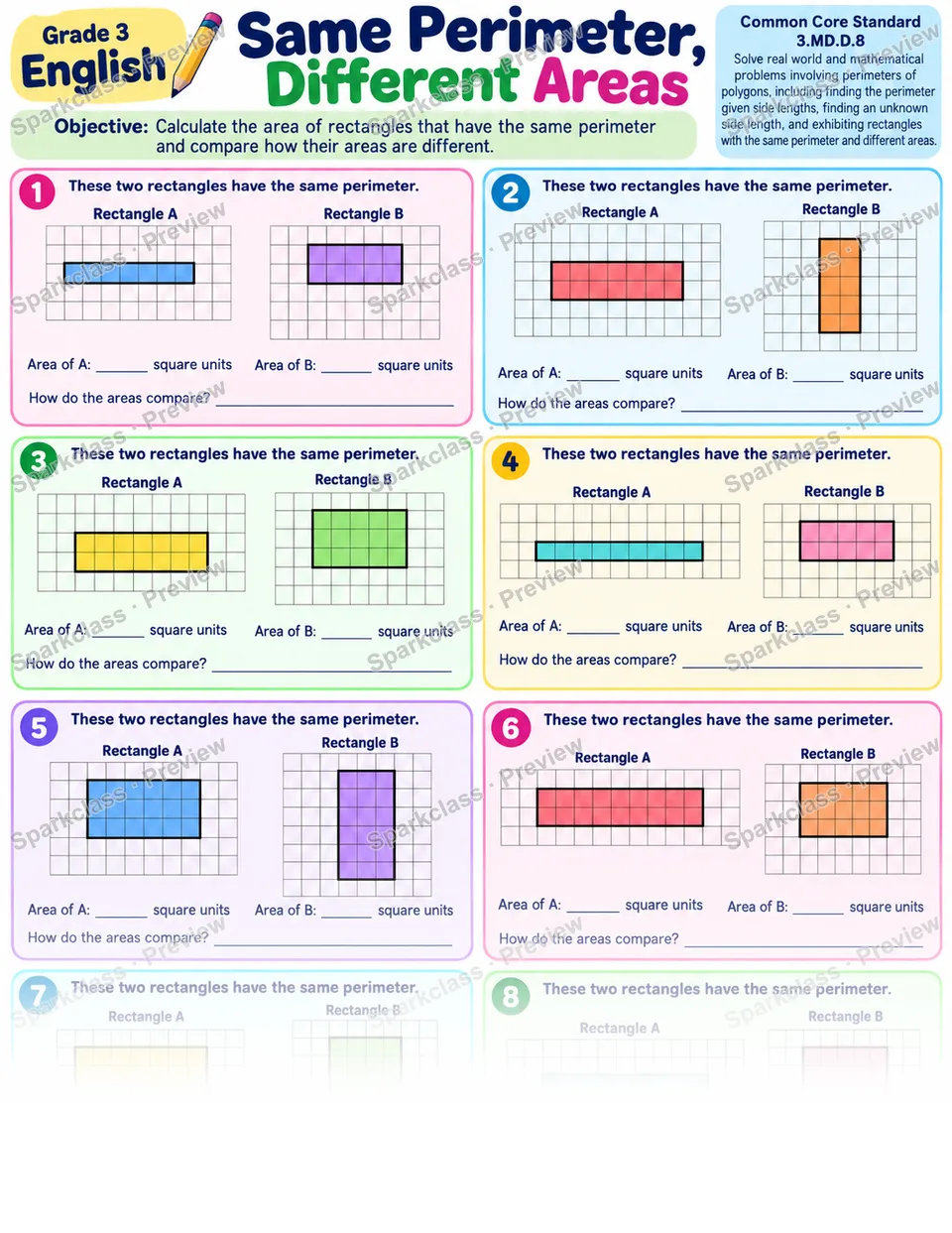 Same Perimeter Different Area 01 — Grade 3 worksheet preview