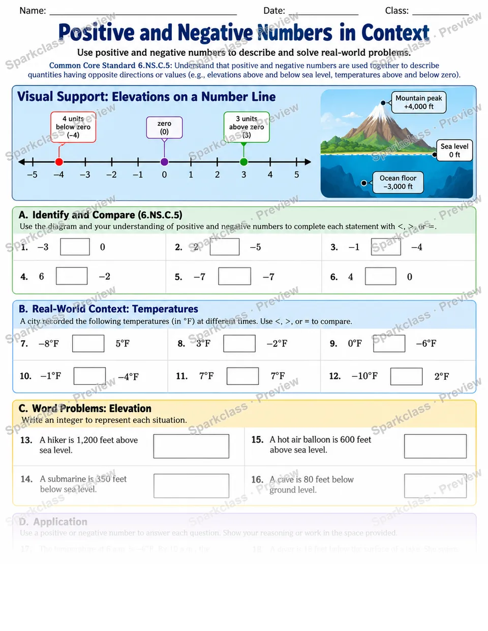 Integer Contexts — Grade 6 worksheet preview