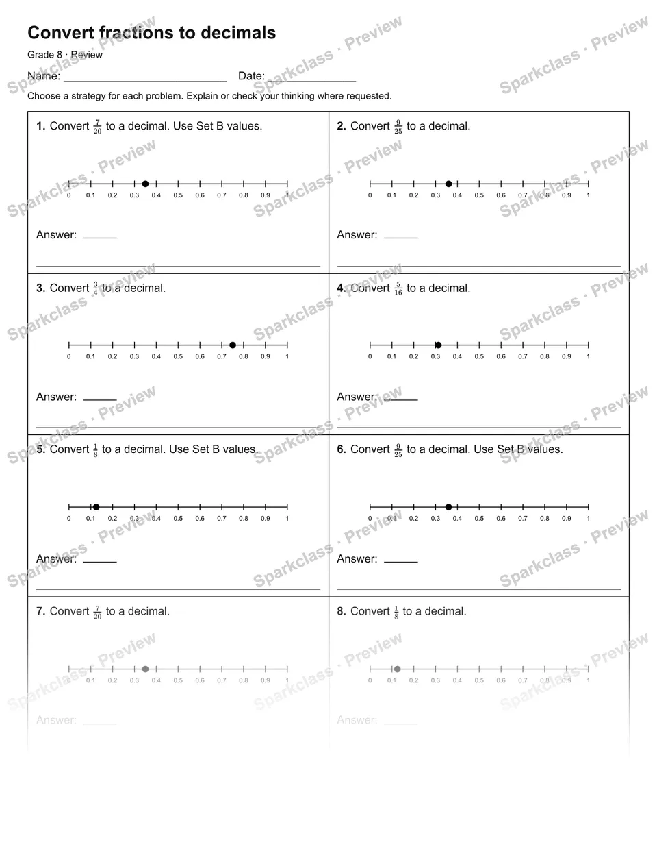 Convert fractions to decimals — Review — Grade 8 worksheet preview