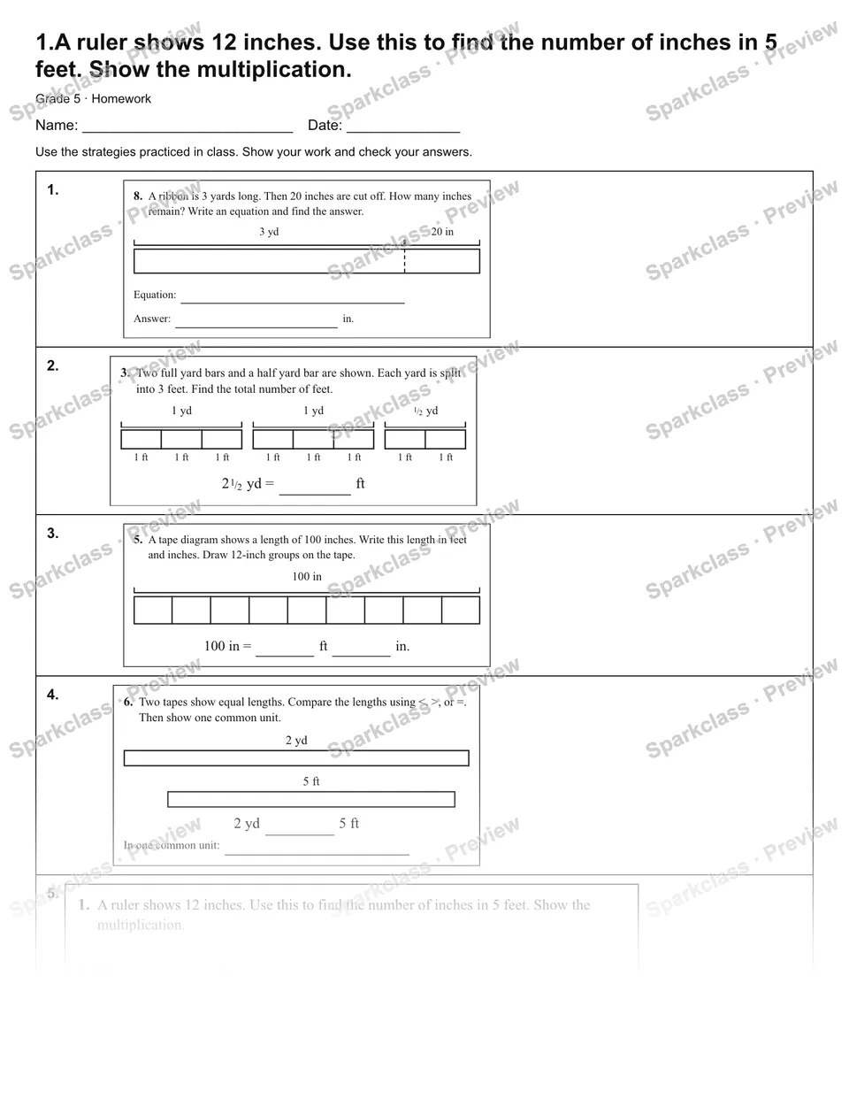 1.A ruler shows 12 inches. Use this to find the number of inches in 5 feet. Show the multiplication. — Homework — Grade 5 worksheet preview