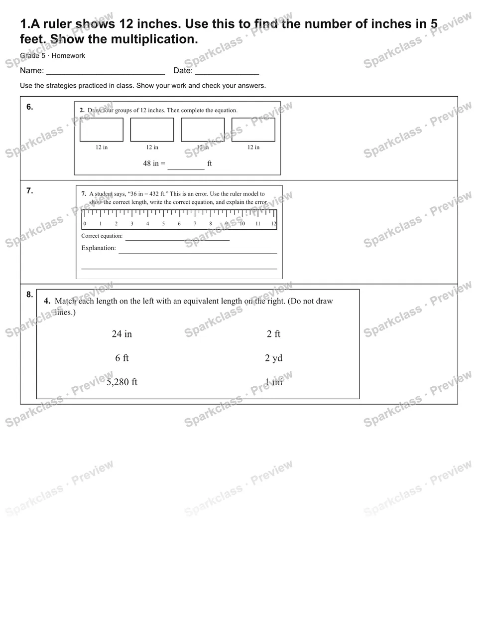 1.A ruler shows 12 inches. Use this to find the number of inches in 5 feet. Show the multiplication. — Homework — page 2