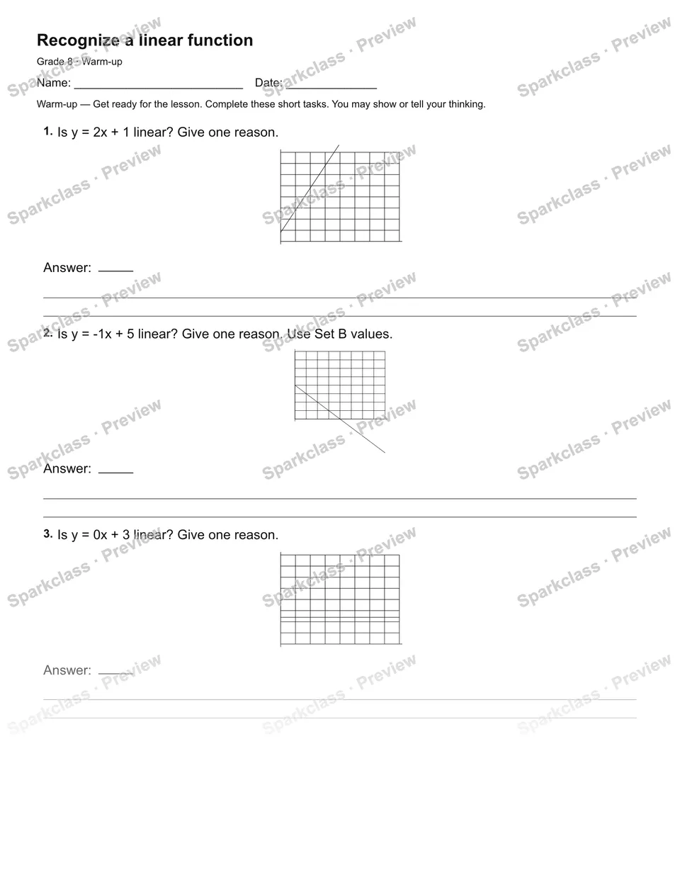 Recognize a linear function — Warm-up — page 2