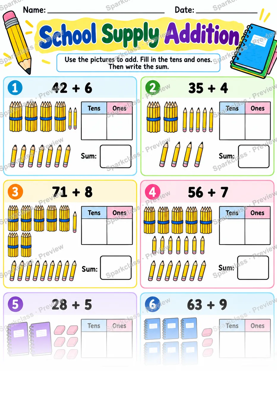 School Supply Addition — Grade 1 worksheet preview
