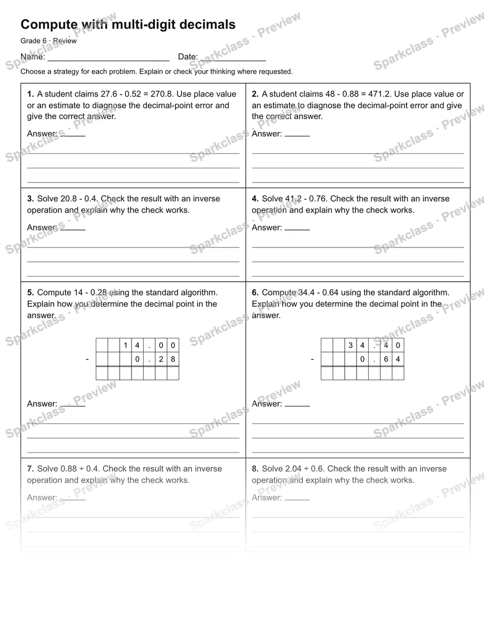 Compute with multi-digit decimals — Review — Grade 6 worksheet preview
