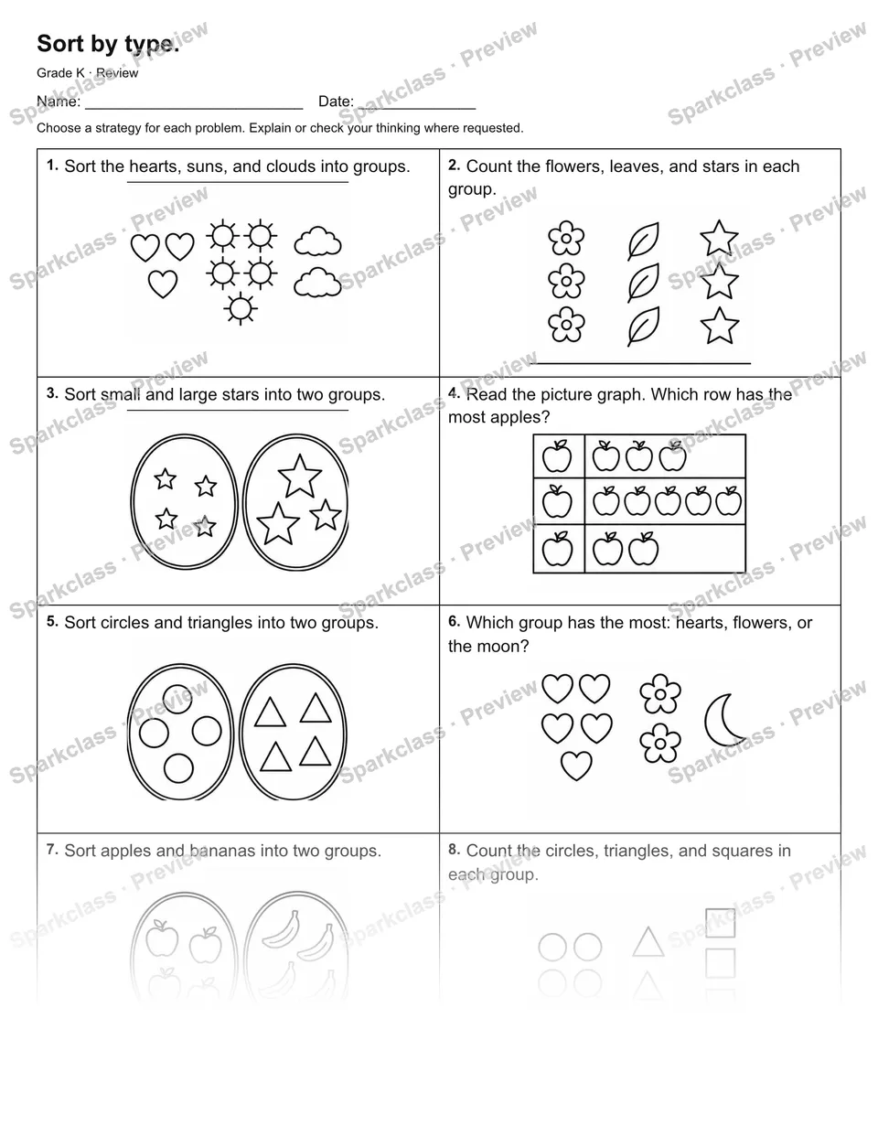 Sort by type. — Review — Kindergarten worksheet preview