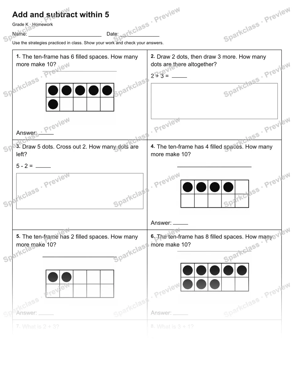 Add and subtract within 5 — Homework — Kindergarten worksheet preview