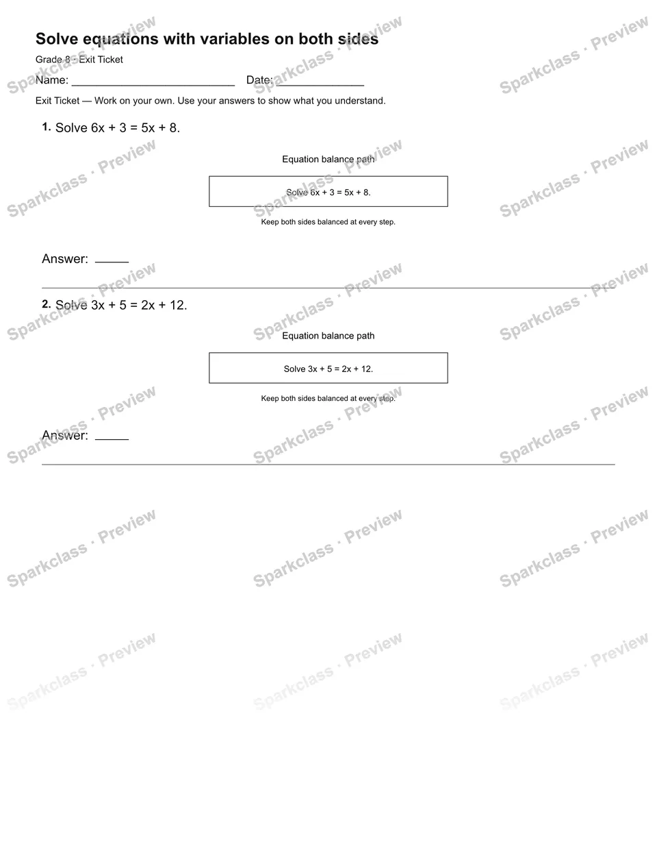 Solve equations with variables on both sides — Exit Ticket — Grade 8 worksheet preview