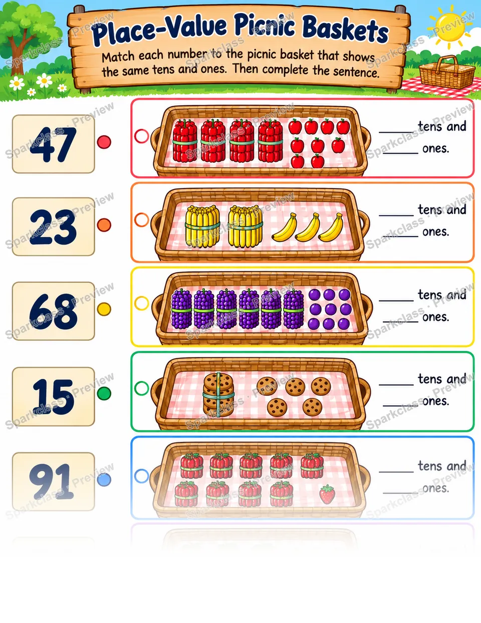 Place Value Picnic Baskets — Grade 1 worksheet preview