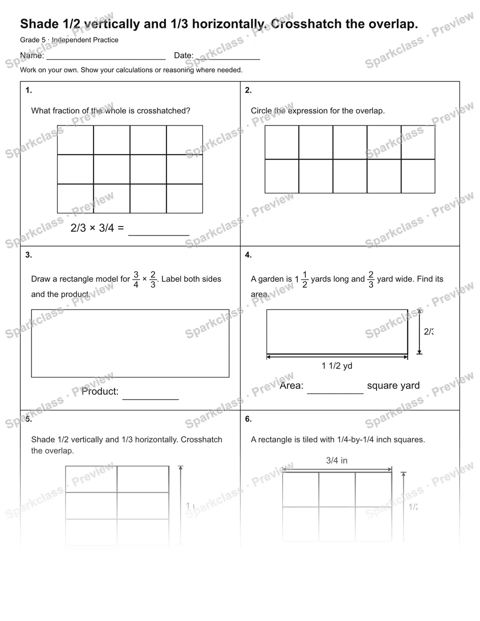 Shade 1/2 vertically and 1/3 horizontally. Crosshatch the overlap. — Independent Practice — Grade 5 worksheet preview