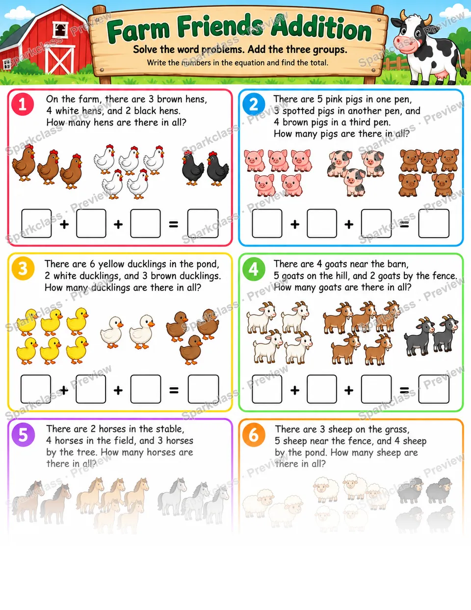 Farm Three Addends — Grade 1 worksheet preview