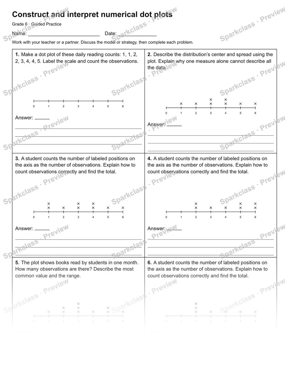 Construct and interpret numerical dot plots — Guided Practice — Grade 6 worksheet preview