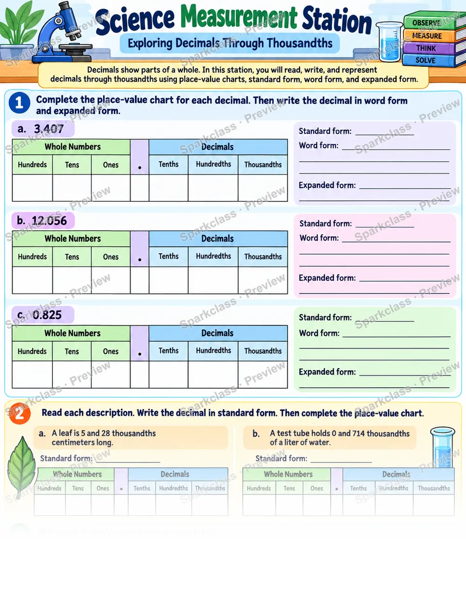 Read and Write Decimals to Thousandths — Grade 5 worksheet preview