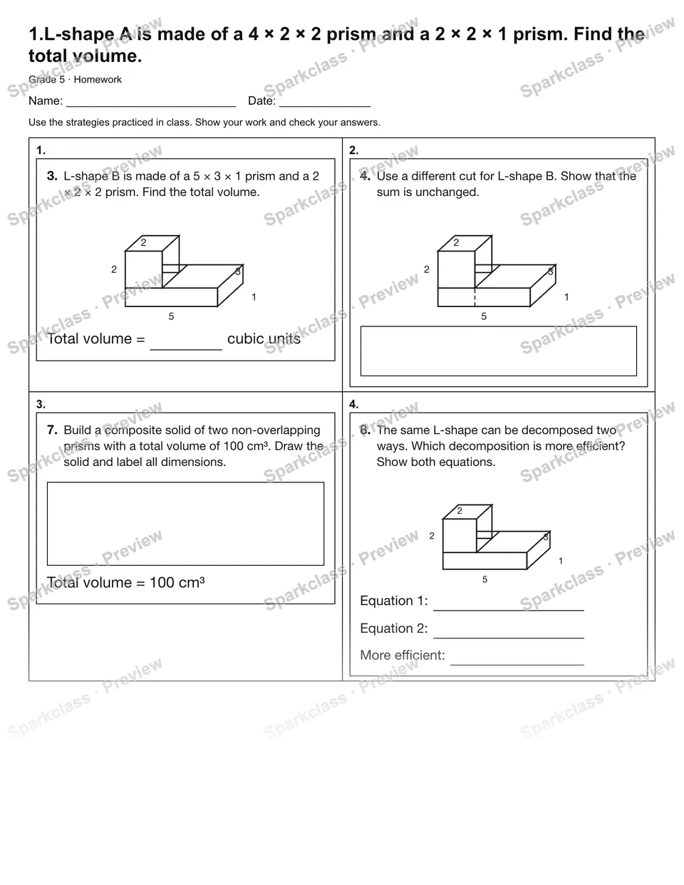 1.L-shape A is made of a 4 × 2 × 2 prism and a 2 × 2 × 1 prism. Find the total volume. — Homework — Grade 5 worksheet preview