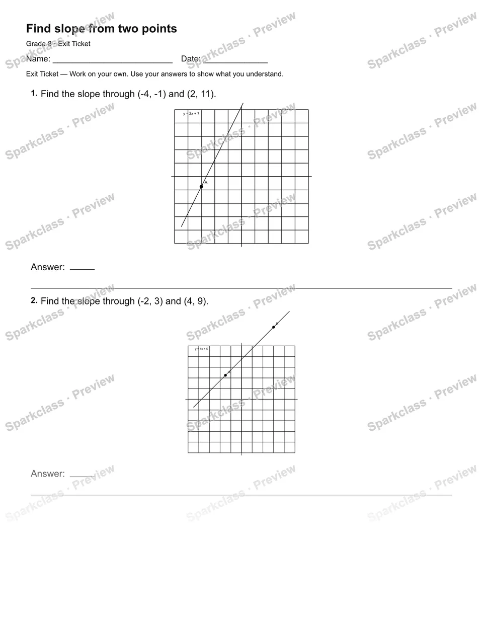 Find slope from two points — Exit Ticket — Grade 8 worksheet preview