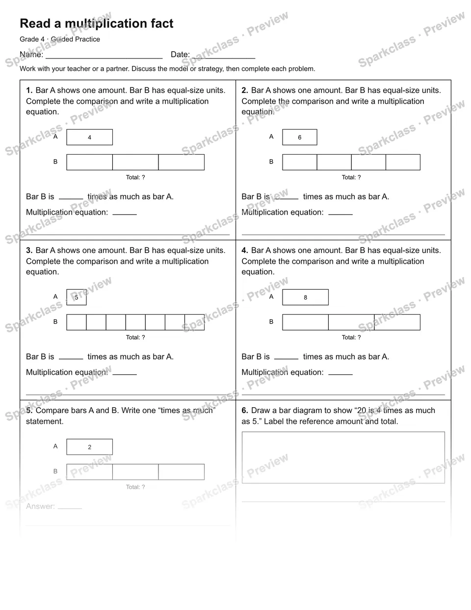 Read a multiplication fact — Guided Practice — Grade 4 worksheet preview
