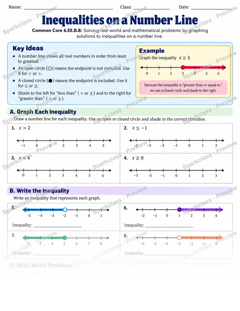 Inequalities — Grade 6 worksheet preview