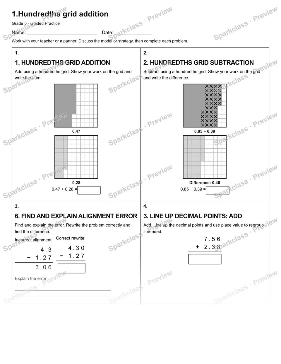 1.Hundredths grid addition — Guided Practice — Grade 5 worksheet preview