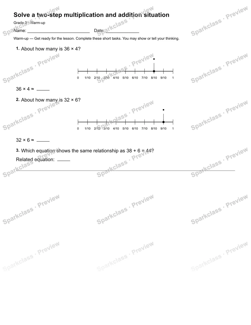 Solve a two-step multiplication and addition situation — Warm-up — Grade 3 worksheet preview