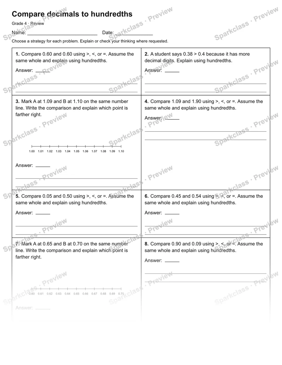 Compare decimals to hundredths — Review — Grade 4 worksheet preview