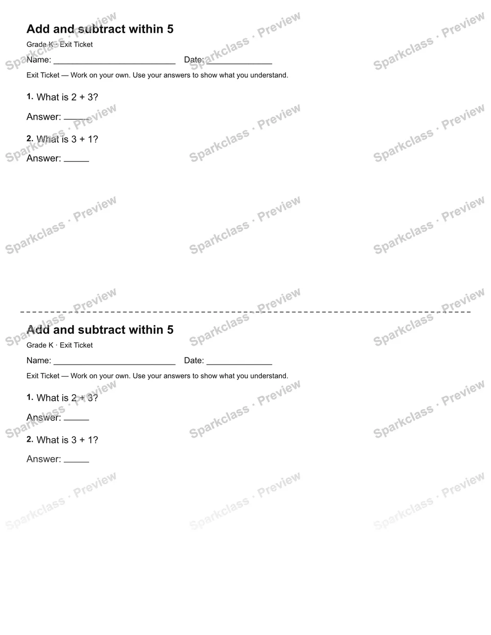 Add and subtract within 5 — Exit Ticket — Kindergarten worksheet preview