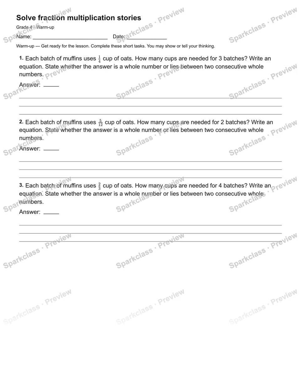 Solve fraction multiplication stories — Warm-up — page 2