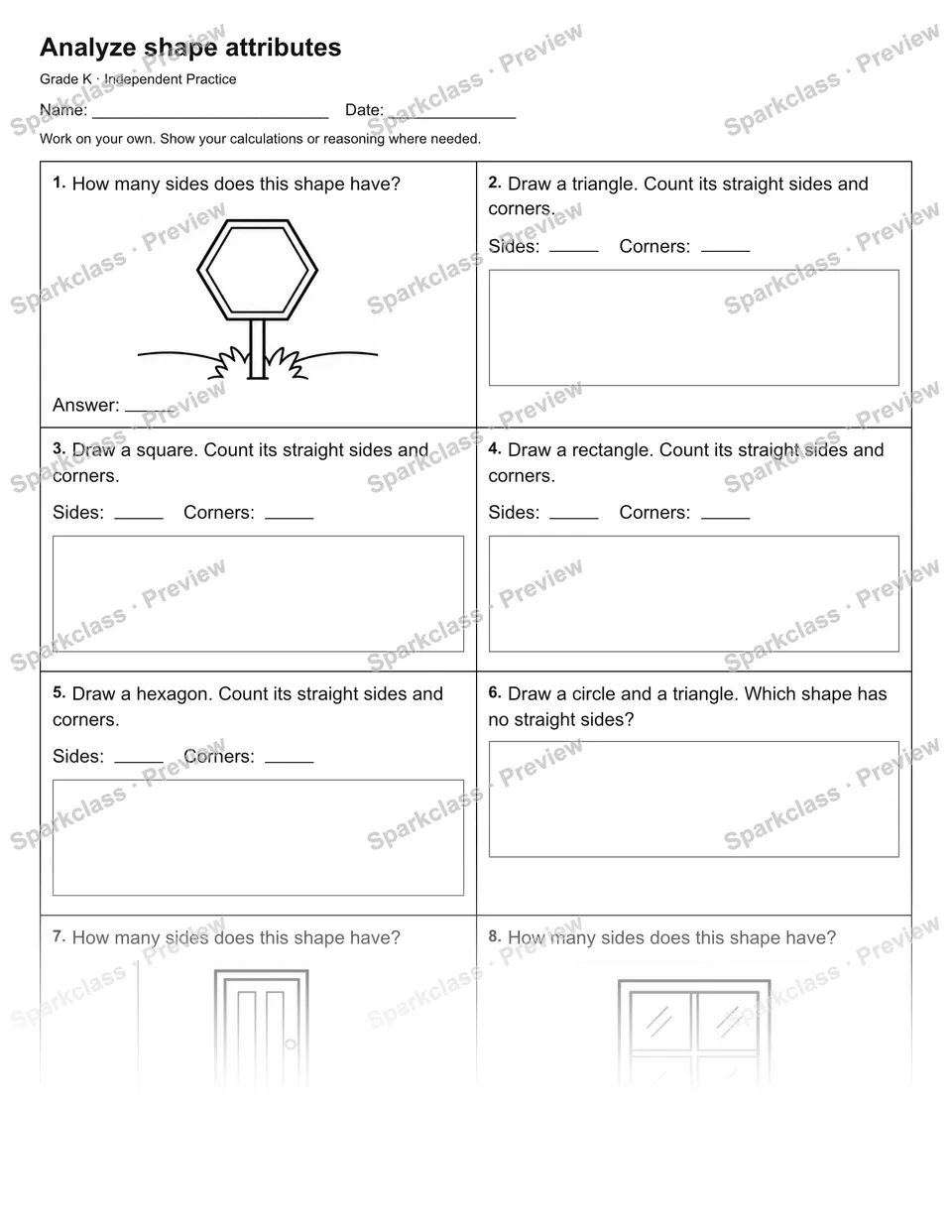 Analyze shape attributes — Independent Practice — Kindergarten worksheet preview