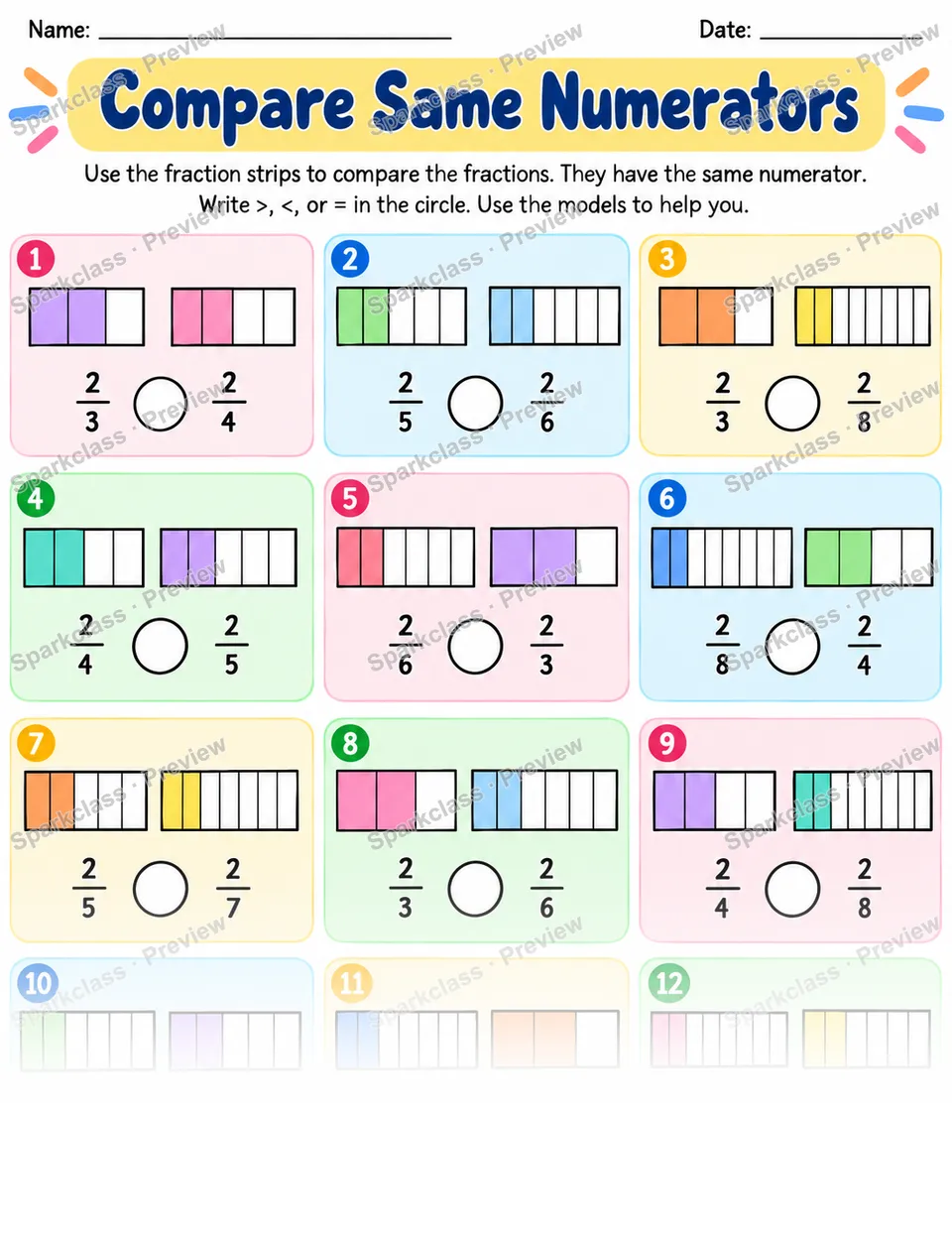 Same Numerator Compare — Grade 3 worksheet preview