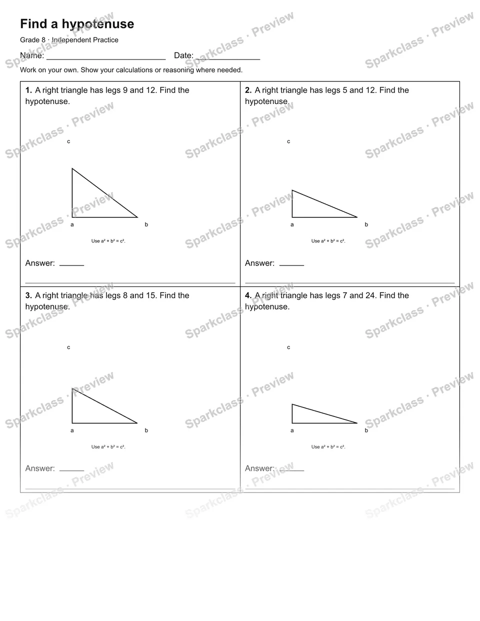 Find a hypotenuse — Independent Practice — Grade 8 worksheet preview