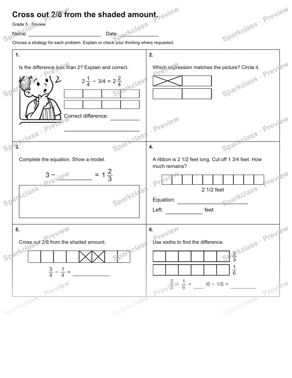 Cross out 2/8 from the shaded amount. — Review — Grade 5 worksheet preview