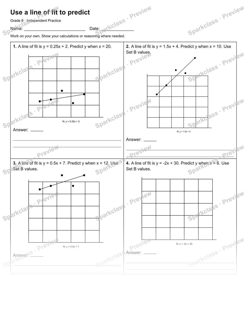 Use a line of fit to predict — Independent Practice — Grade 8 worksheet preview