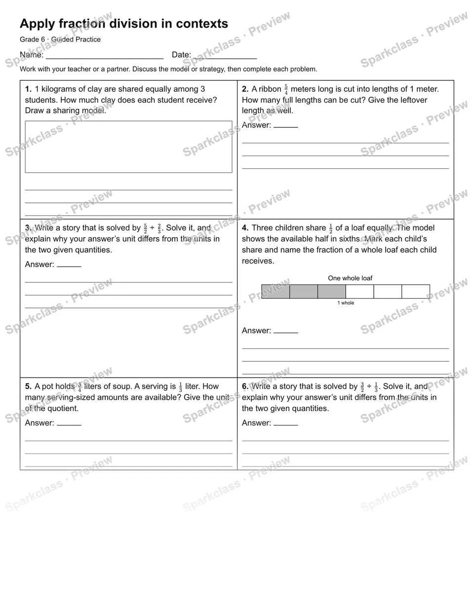 Apply fraction division in contexts — Guided Practice — Grade 6 worksheet preview