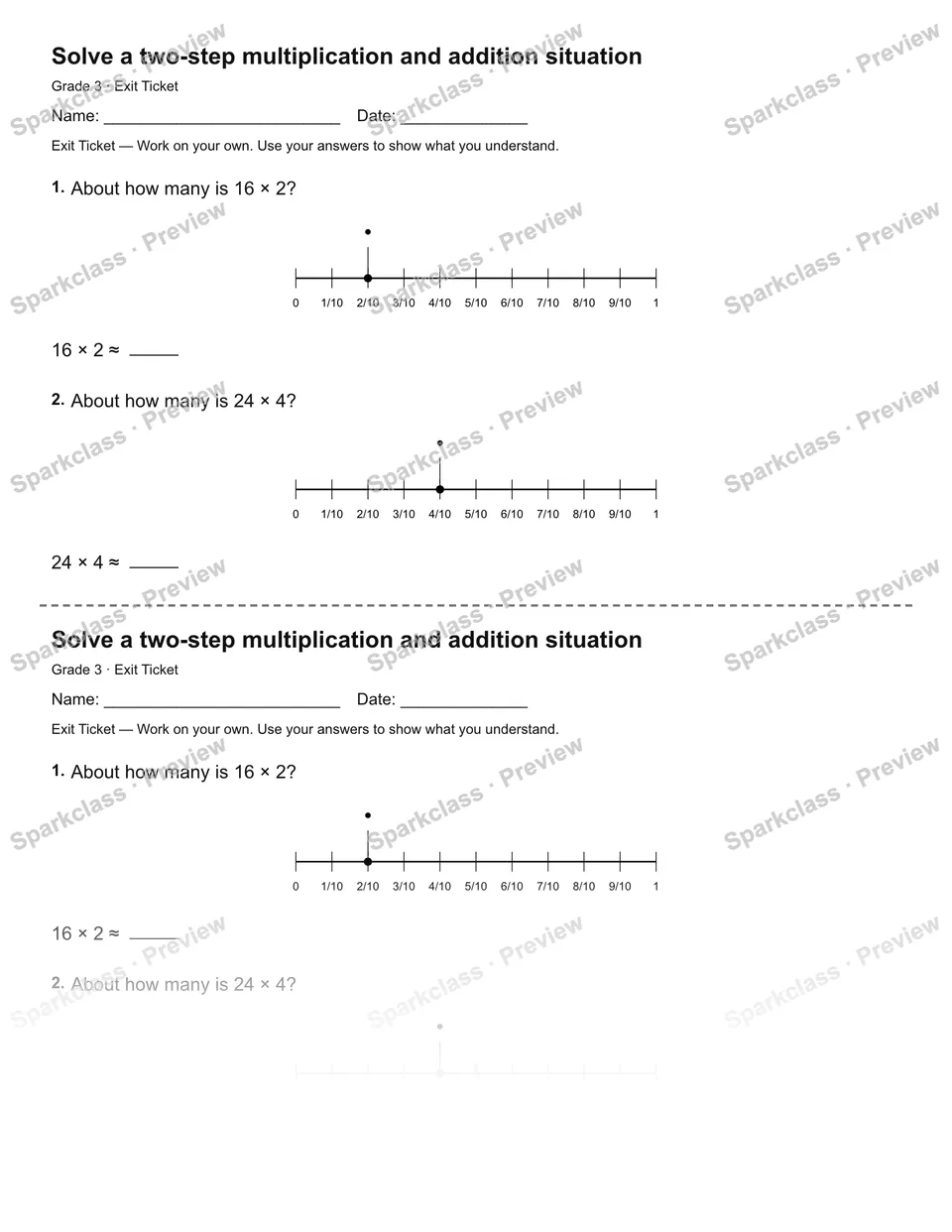 Solve a two-step multiplication and addition situation — Exit Ticket — Grade 3 worksheet preview