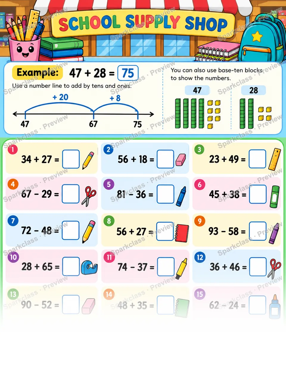 School Supply Shop · Two-Digit Addition and Subtraction — Grade 2 worksheet preview