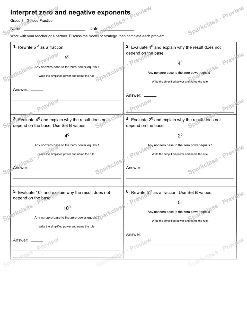 Interpret zero and negative exponents — Guided Practice — Grade 8 worksheet preview