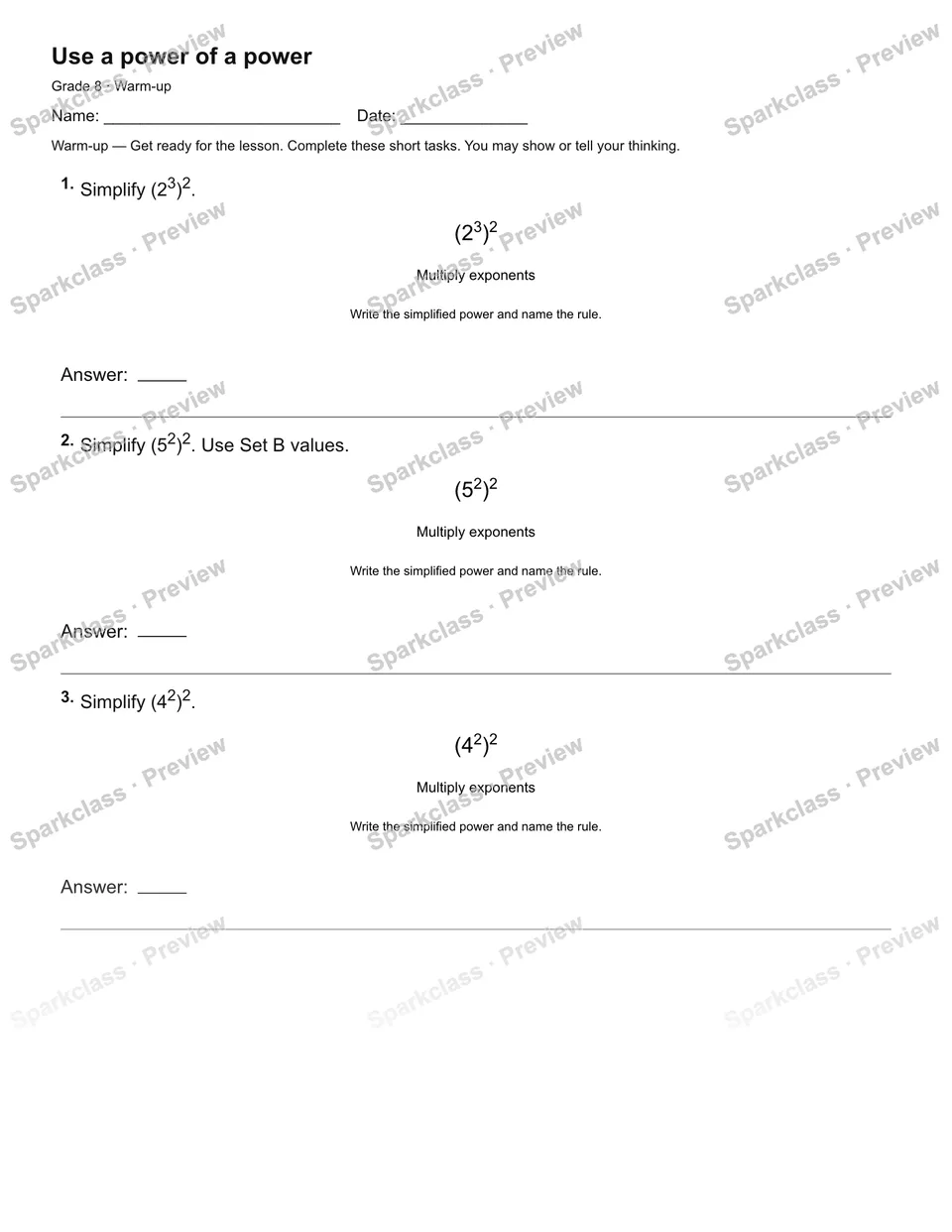 Use a power of a power — Warm-up — page 2