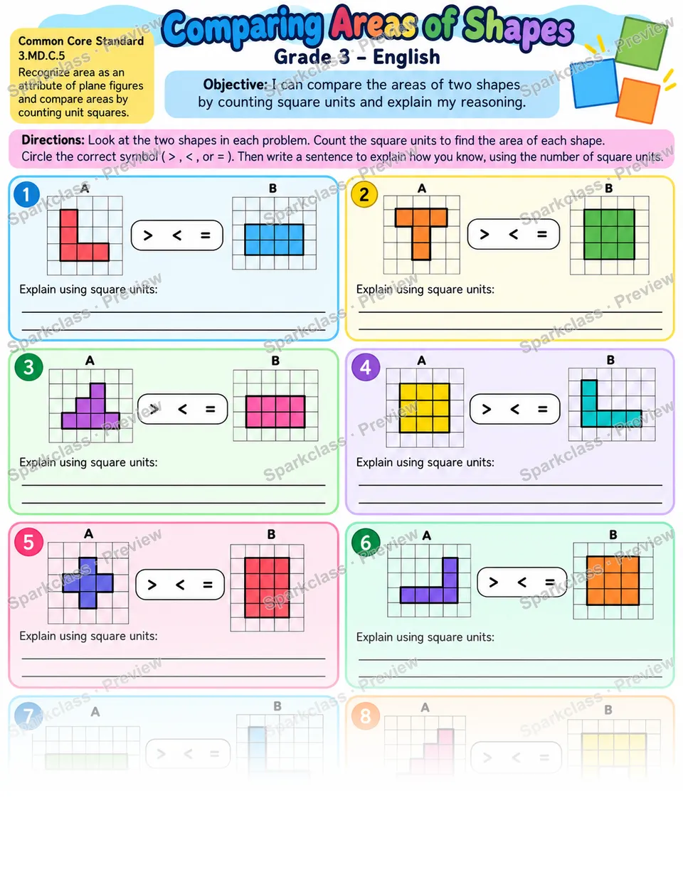 Compare Areas 01 — Grade 3 worksheet preview