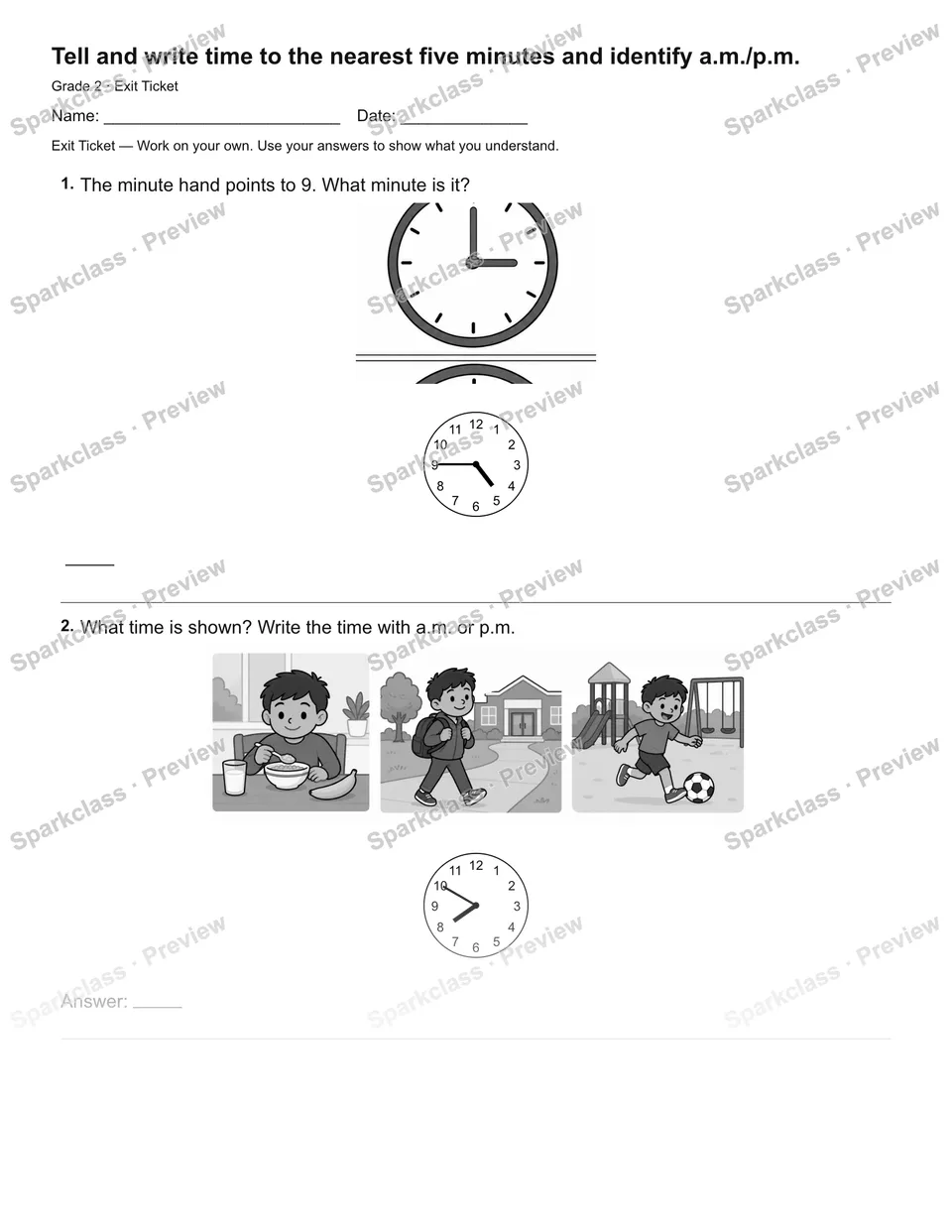 Tell and write time to the nearest five minutes and identify a.m./p.m. — Exit Ticket — Grade 2 worksheet preview