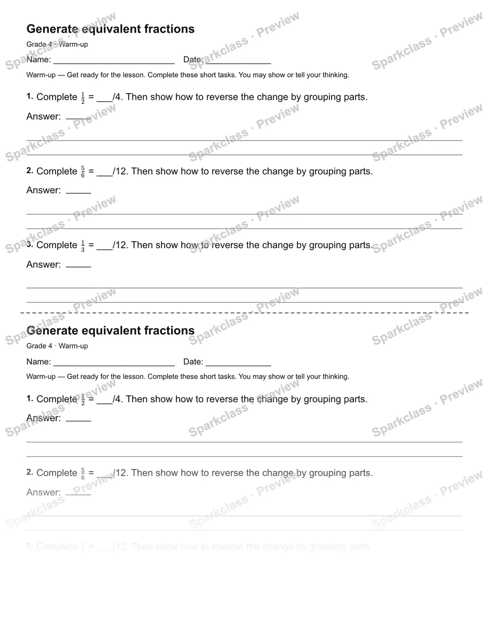 Generate equivalent fractions — Warm-up — Grade 4 worksheet preview