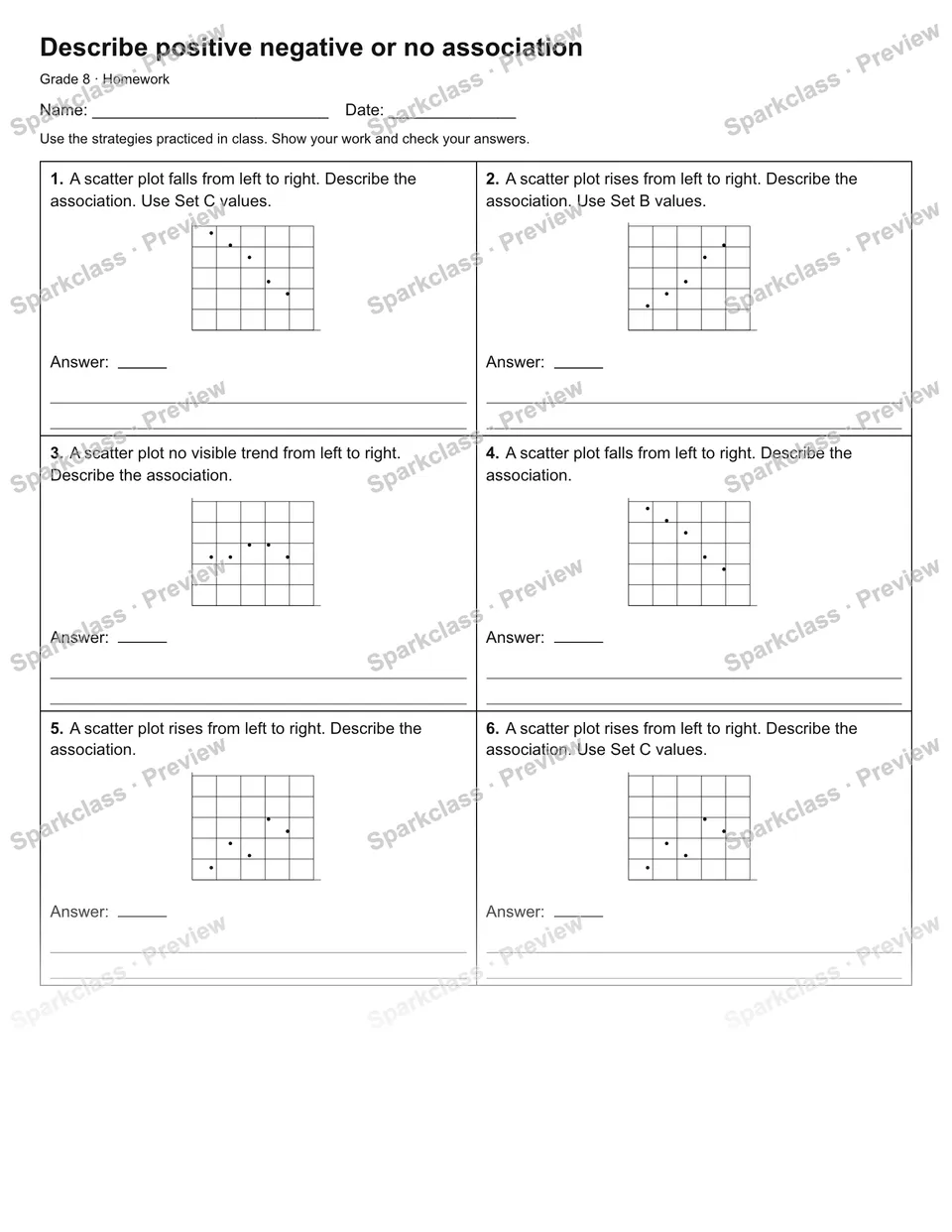 Describe positive negative or no association — Homework — Grade 8 worksheet preview
