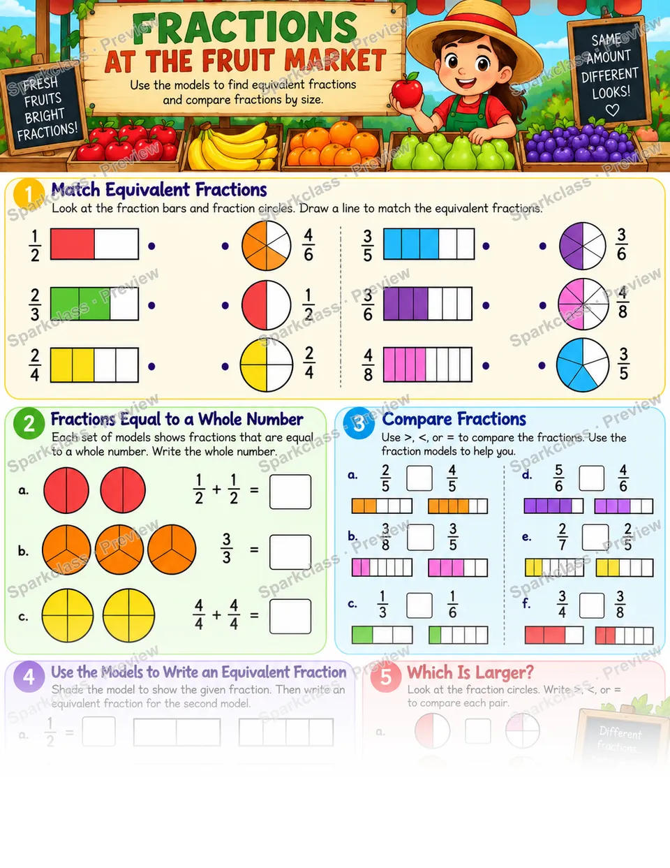 Fraction Market · Equivalent and Compare — Grade 3 worksheet preview