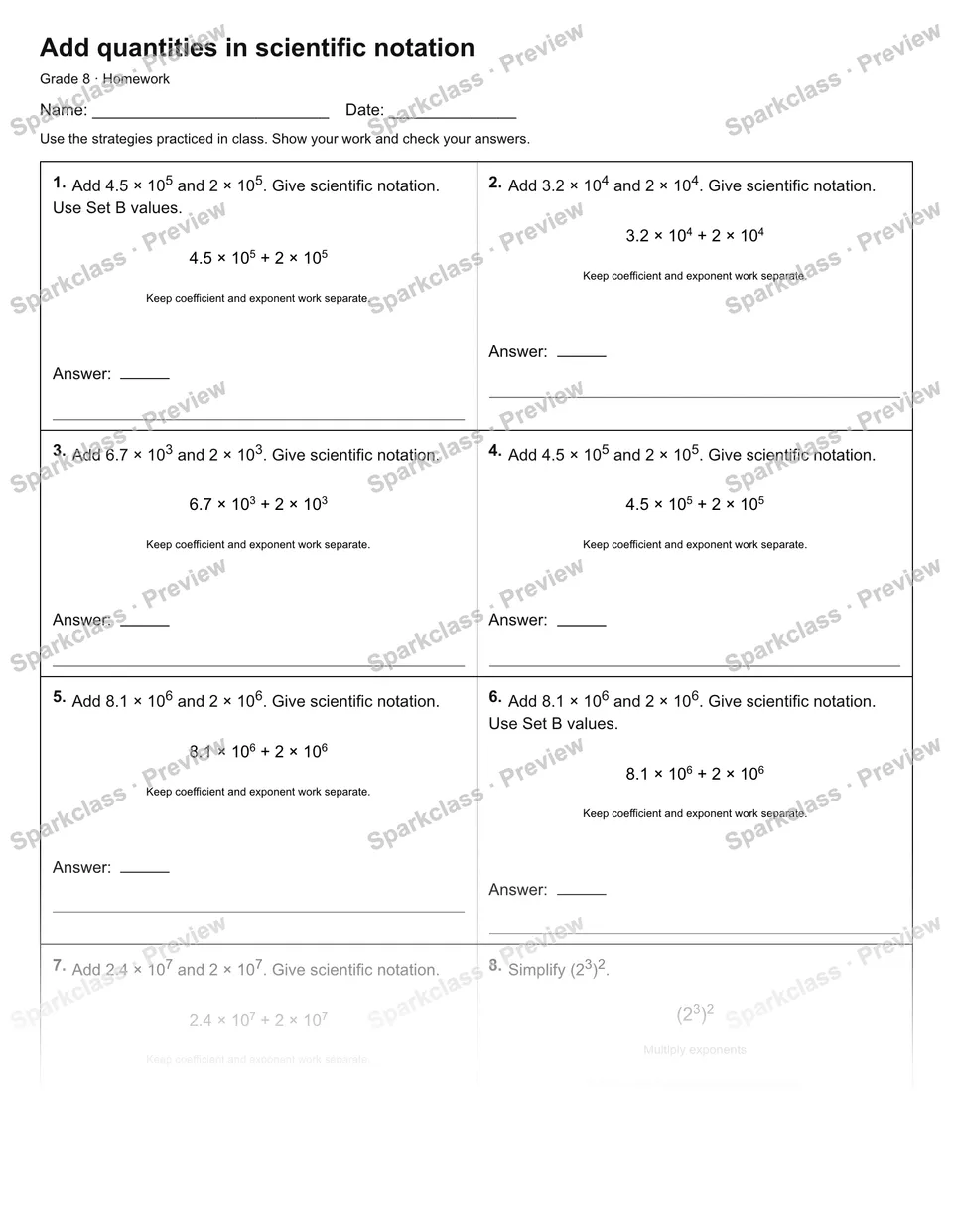 Add quantities in scientific notation — Homework — Grade 8 worksheet preview